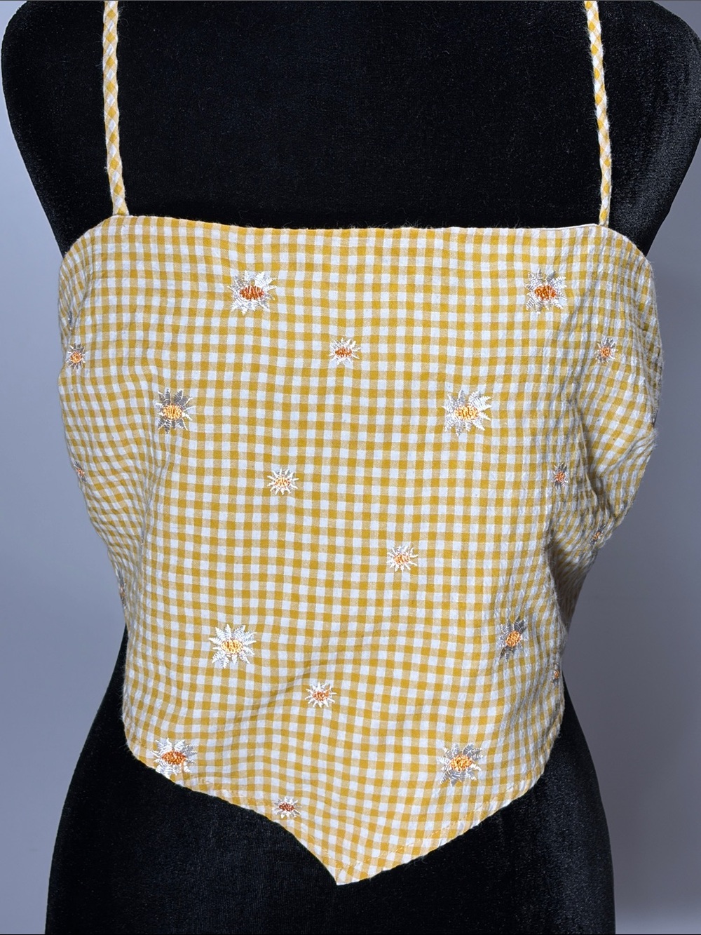 KIRIOUS Yellow Gingham Daisy Embroidered Tie Back Crop Cami Top